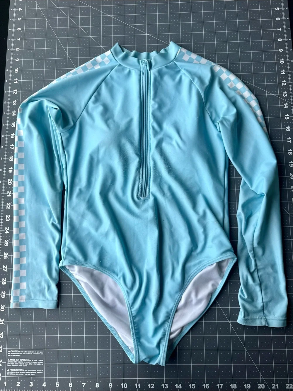Long Sleeve Zip Front One Piece Swimsuit * Sky Blue Checker * Girls